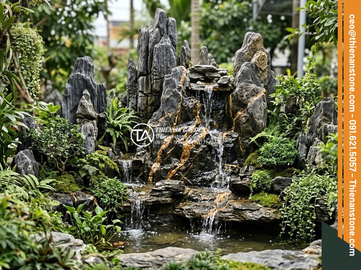 Nghệ thuật sắp đặt đá cảnh tạo điểm nhấn cho tiểu cảnh góc sân đẹp - Hình 12 Nghệ thuật sắp đặt đá cảnh tạo điểm nhấn cho tiểu cảnh góc sân đẹp - Stone and water combination in corner garden with cascading effect and surroundi