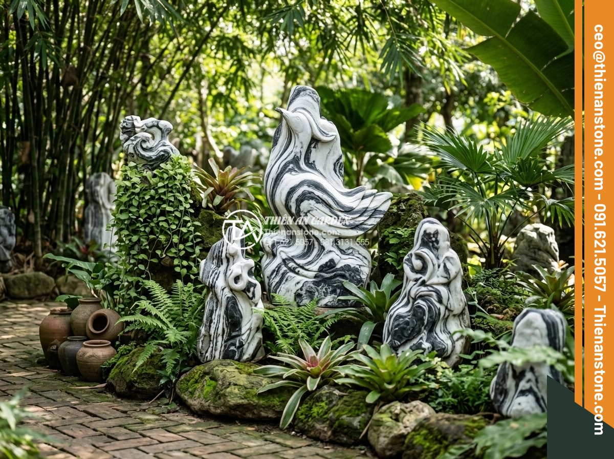 Nghệ thuật sắp đặt đá cảnh tạo điểm nhấn cho tiểu cảnh góc sân đẹp - Hình 13 Nghệ thuật sắp đặt đá cảnh tạo điểm nhấn cho tiểu cảnh góc sân đẹp - Hand-carved natural stone sculptures integrated into garden corner arrangement w