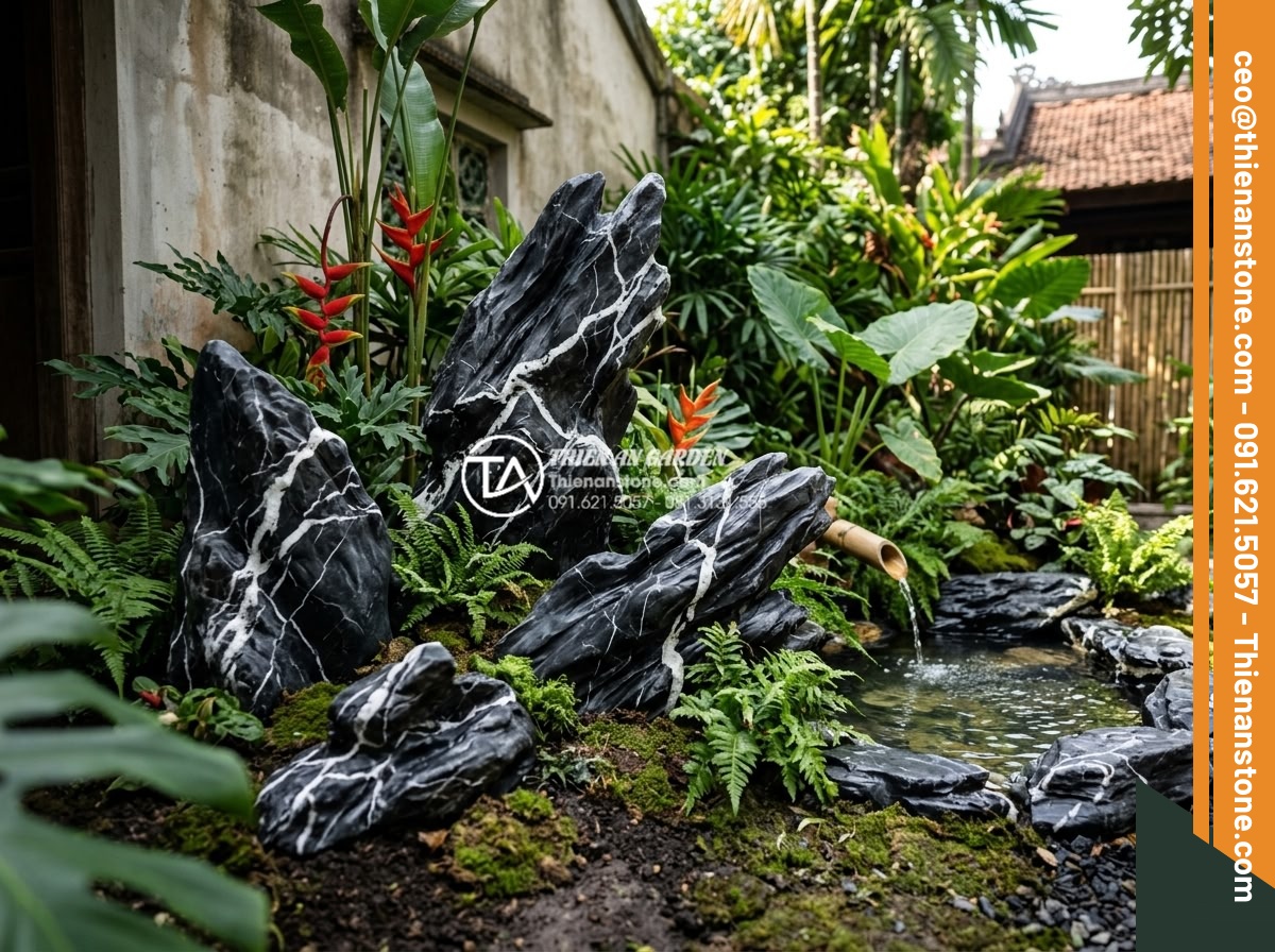 Nghệ thuật sắp đặt đá cảnh tạo điểm nhấn cho tiểu cảnh góc sân đẹp - Hình 15 Nghệ thuật sắp đặt đá cảnh tạo điểm nhấn cho tiểu cảnh góc sân đẹp - Feng shui inspired natural stone placement in garden corner with balanced elemen