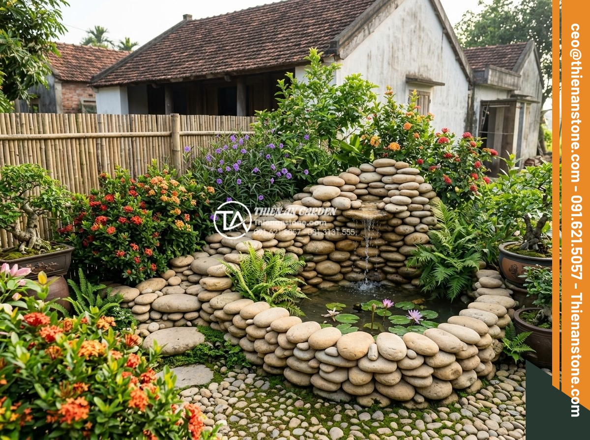 Nghệ thuật sắp đặt đá cảnh tạo điểm nhấn cho tiểu cảnh góc sân đẹp - Hình 2 Nghệ thuật sắp đặt đá cảnh tạo điểm nhấn cho tiểu cảnh góc sân đẹp - Wide angle shot of a beautifully designed corner garden with stacked natural sto