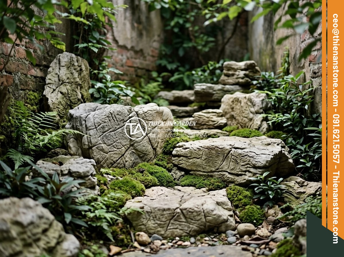 Nghệ thuật sắp đặt đá cảnh tạo điểm nhấn cho tiểu cảnh góc sân đẹp - Hình 3 Nghệ thuật sắp đặt đá cảnh tạo điểm nhấn cho tiểu cảnh góc sân đẹp - Detailed arrangement of various natural stones in different sizes and colors pos