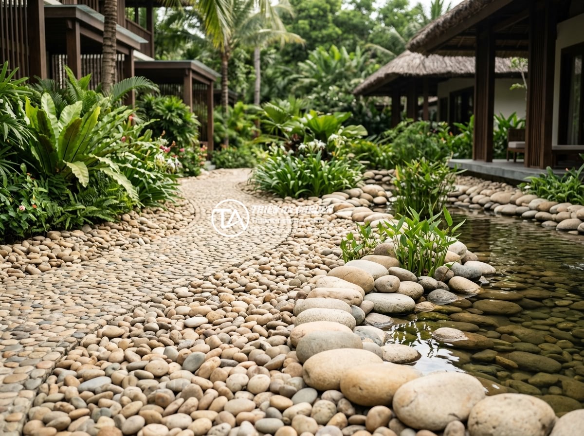 Nghệ thuật sắp đặt đá cảnh trong tiểu cảnh sân vườn hiện đại - Resort landscape with large-scale rock features and natural stones enhancing the
