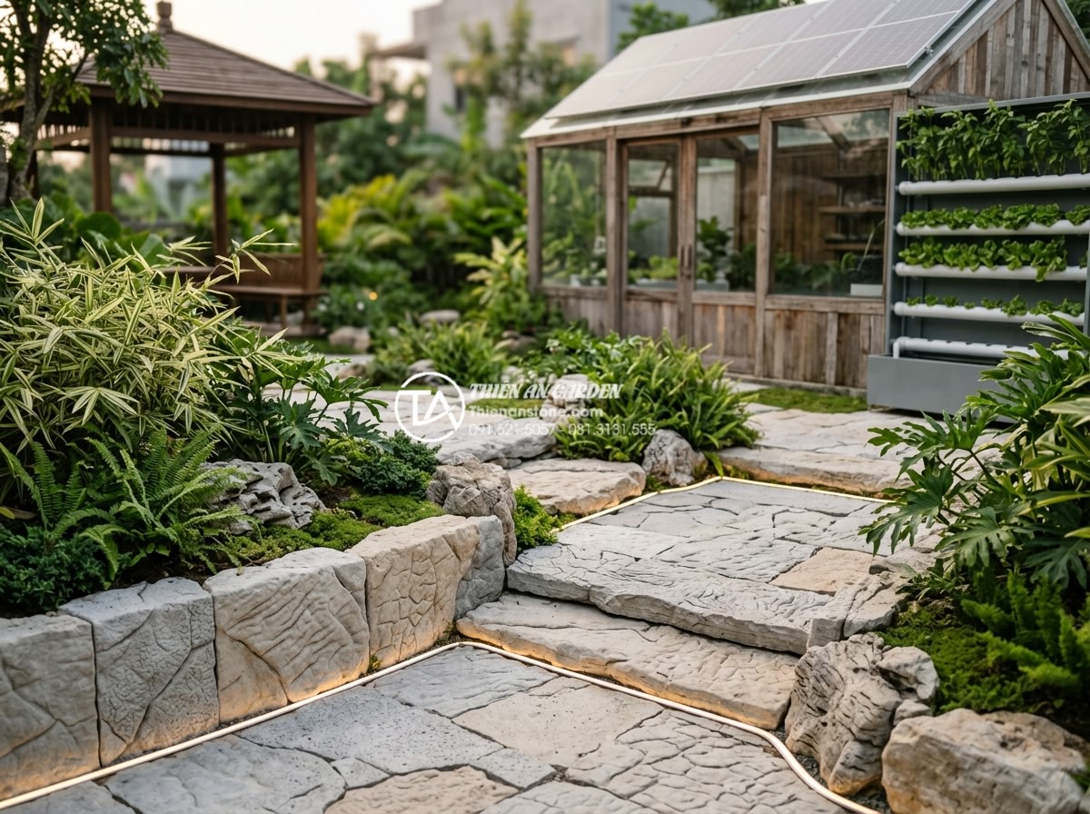Nghệ thuật sắp đặt đá cảnh trong tiểu cảnh sân vườn hiện đại - Futuristic modern garden with smart lighting on natural stones and sustainable d