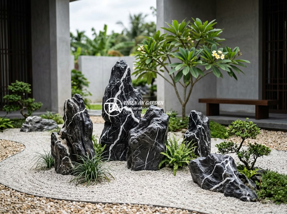 Nghệ thuật sắp đặt đá cảnh trong tiểu cảnh sân vườn hiện đại - Modern garden scene with natural stones forming a zen-inspired rock garden, incl