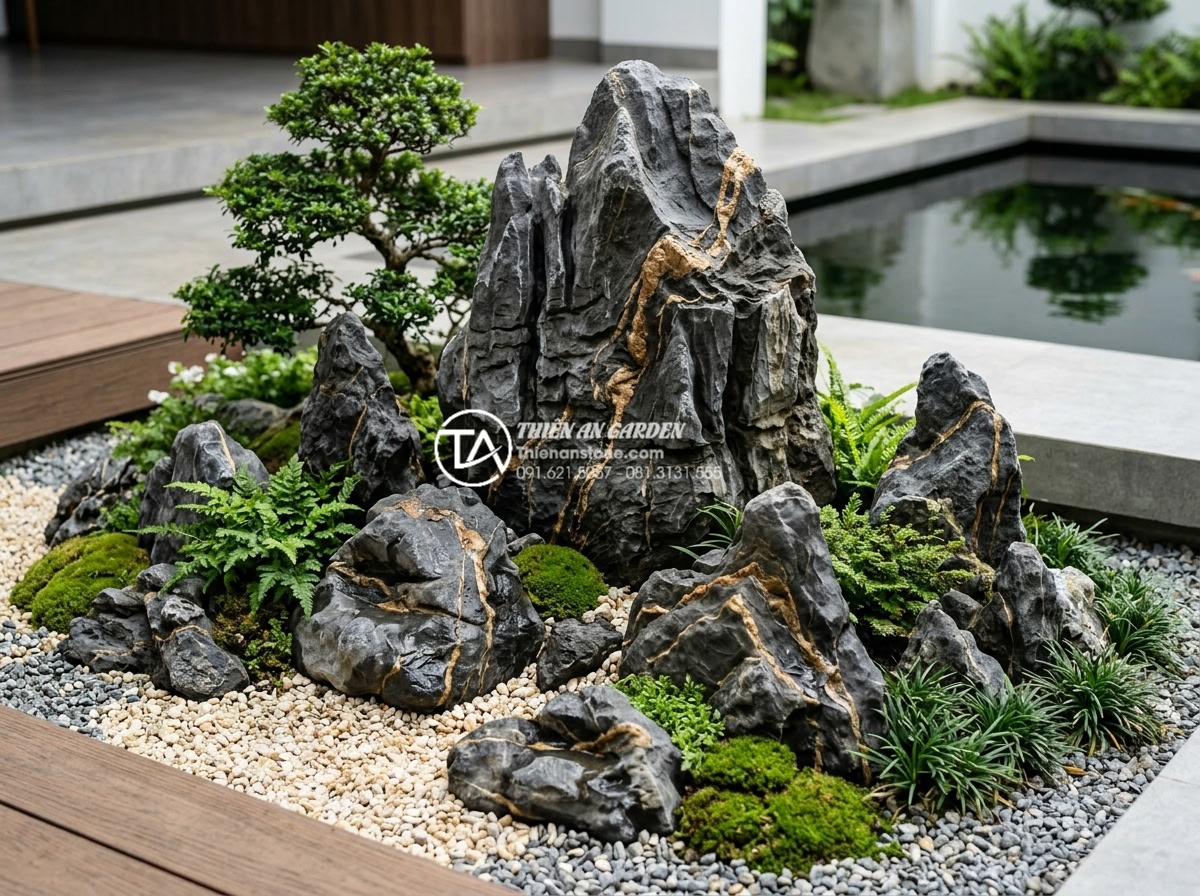 Nghệ thuật sắp đặt đá cảnh trong tiểu cảnh sân vườn hiện đại - Artistic arrangement of rocks following balance and contrast principles in a mod