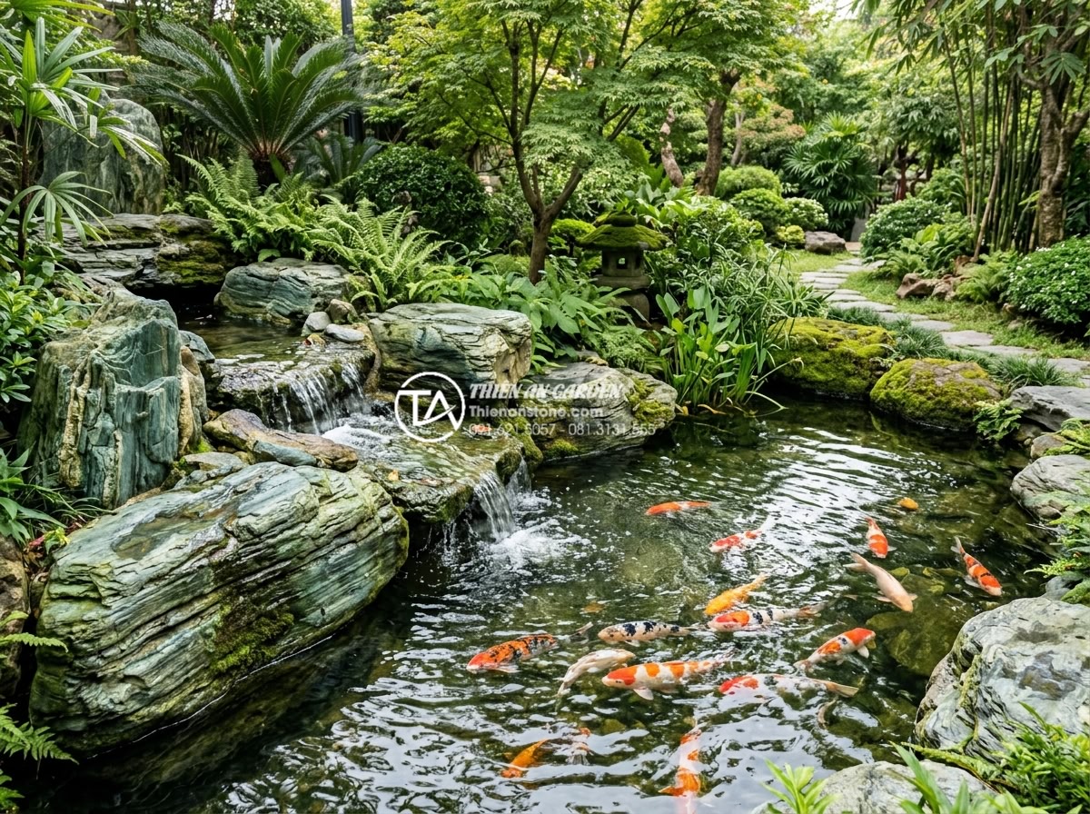 Nghệ thuật tiểu cảnh sân vườn Nhật Bản: Cách bố trí đá và nước chuẩn Zen - Tranquil water feature integrated with rocks in Japanese garden pond, showing ko