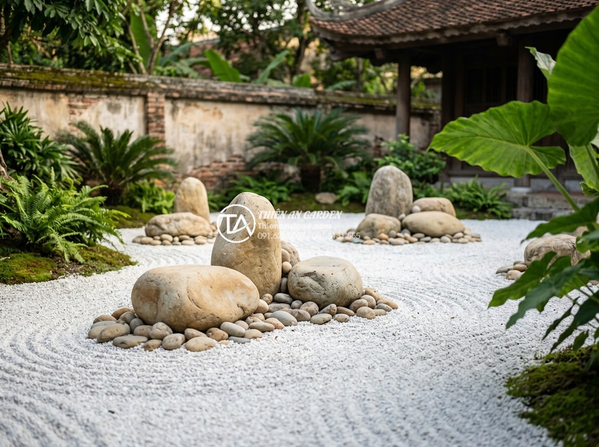 Nghệ thuật tiểu cảnh sân vườn Nhật Bản: Cách bố trí đá và nước chuẩn Zen - Classic karesansui dry Zen garden with white raked gravel patterns and prominent