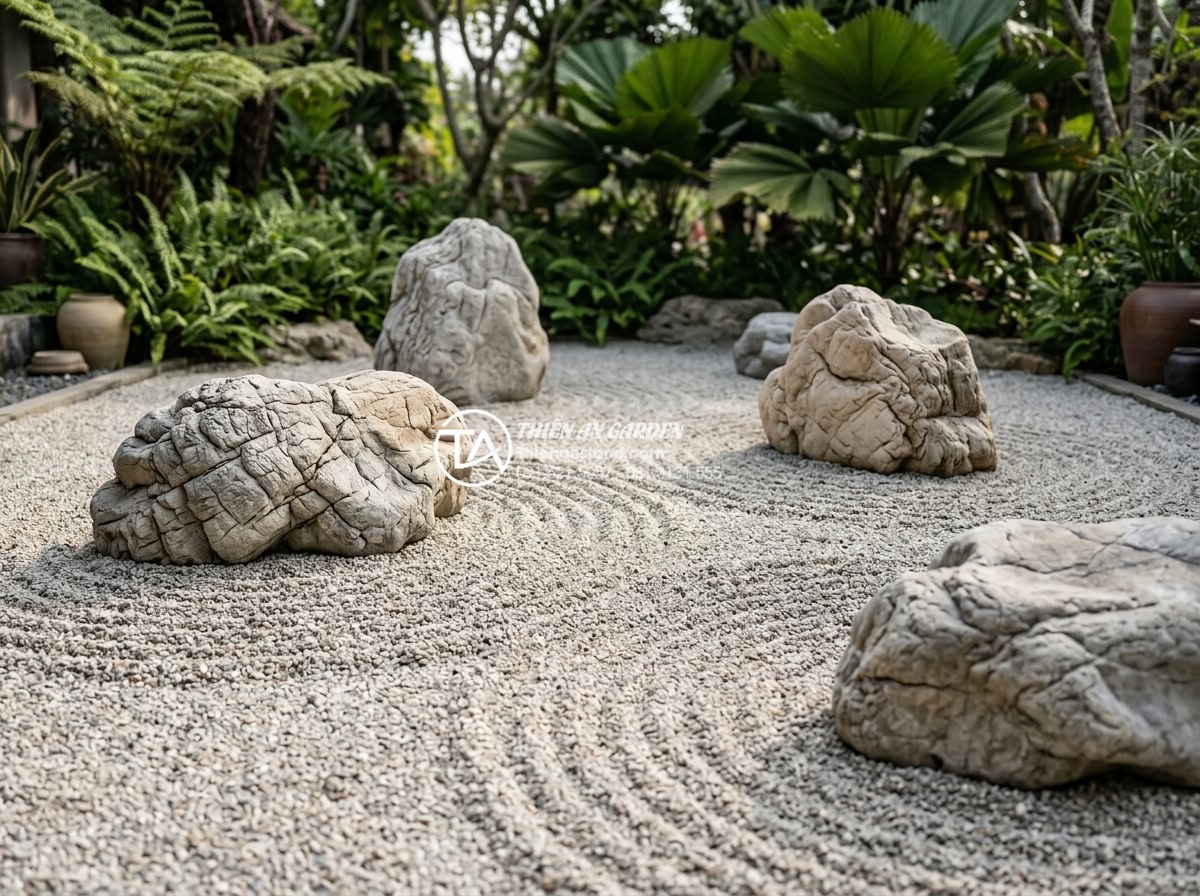 Nghệ thuật tiểu cảnh sân vườn Nhật Bản: Cách bố trí đá và nước chuẩn Zen - Detailed raked gravel patterns in dry Japanese garden representing ocean waves a