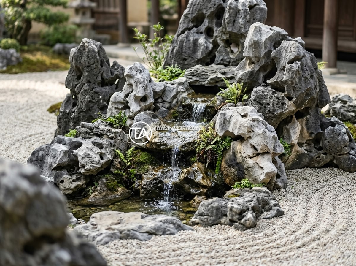 Nghệ thuật tiểu cảnh sân vườn Nhật Bản: Cách bố trí đá và nước chuẩn Zen - Close-up view of meticulously placed boulders and a small cascading water featur