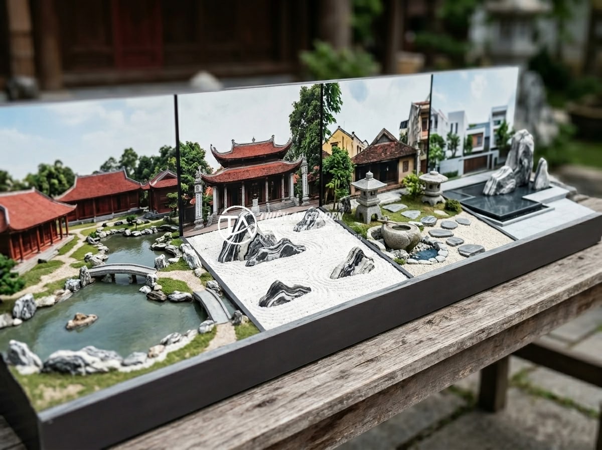 Nghệ thuật tiểu cảnh sân vườn Nhật Bản: Cách bố trí đá và nước chuẩn Zen - Evolution timeline illustration of Japanese garden design from Heian to modern t