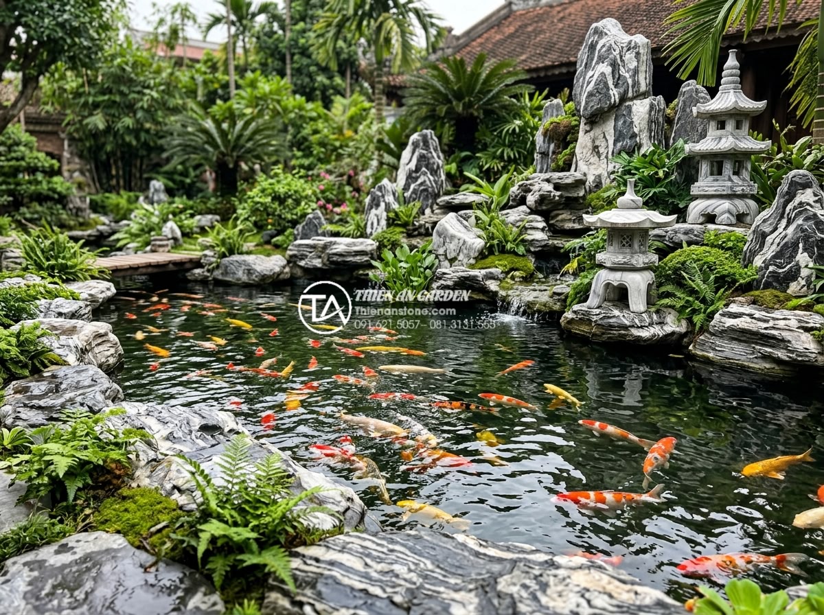 Những mẫu đá điêu khắc độc đáo làm điểm nhấn cho tiểu cảnh sân vườn - Detailed view of Koi fish pond featuring carved stone accents and natural rock f