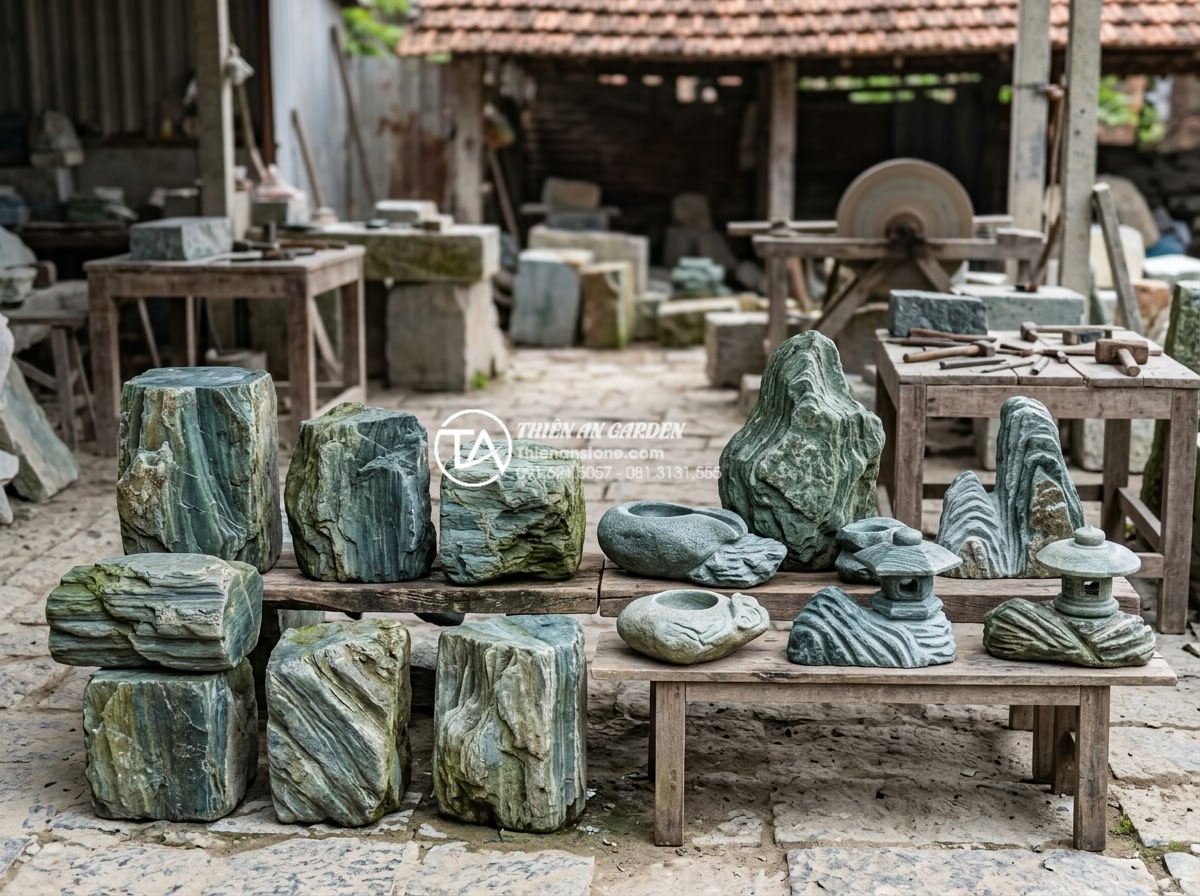 Những mẫu đá điêu khắc độc đáo làm điểm nhấn cho tiểu cảnh sân vườn - High-resolution image showcasing different types of natural stones like granite,