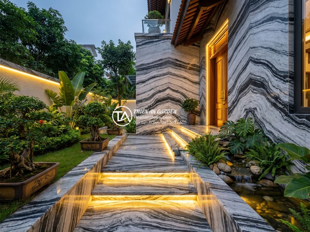 Phong thủy đá tuyết sơn: Ý nghĩa và cách đặt để thu hút tài lộc - Final professional closing image of a beautifully designed luxury villa entrance