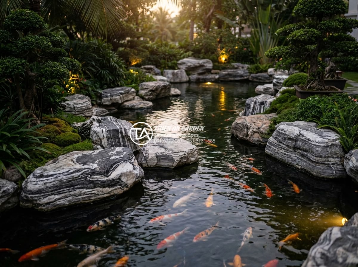Phong thủy đá tuyết sơn: Ý nghĩa và cách đặt để thu hút tài lộc - Stunning professional image of integrated Koi pond with white snow mountain ston