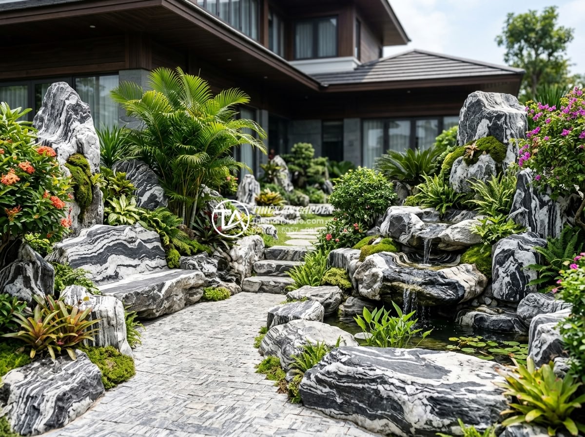 Quy trình thi công tiểu cảnh sân vườn chuyên nghiệp từ A-Z - Professional high-resolution photo of a completed natural stone garden landscape