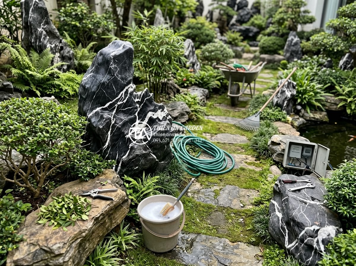 Quy trình thi công tiểu cảnh sân vườn chuyên nghiệp từ A-Z - Maintenance work on a mature stone garden including cleaning rocks, pruning plan