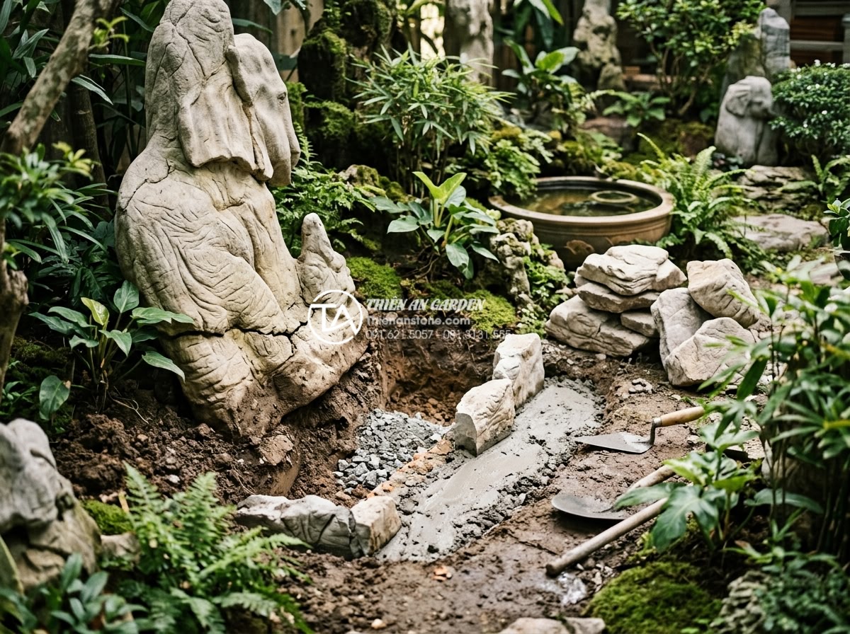 Quy trình thi công tiểu cảnh sân vườn chuyên nghiệp từ A-Z - Example of common construction error like sinking foundation in stone garden wit