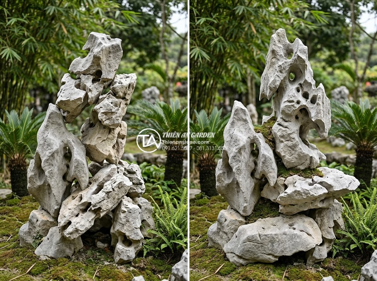 Quy trình thi công tiểu cảnh sân vườn chuyên nghiệp từ A-Z - Before and after correction of unbalanced stone arrangement in garden landscape 