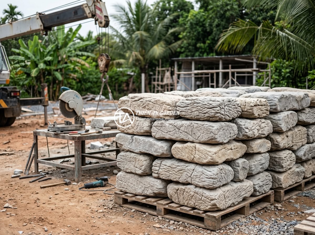 Quy trình thi công tiểu cảnh sân vườn chuyên nghiệp từ A-Z - High-quality natural stones of different types stacked neatly at a construction 