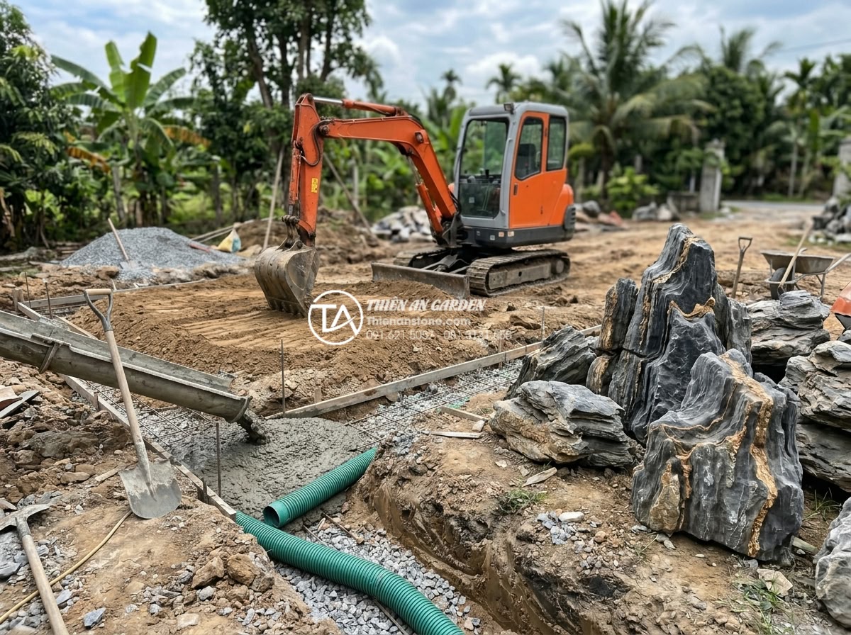 Quy trình thi công tiểu cảnh sân vườn chuyên nghiệp từ A-Z - Excavation and foundation work in progress for a stone garden, showing concrete 