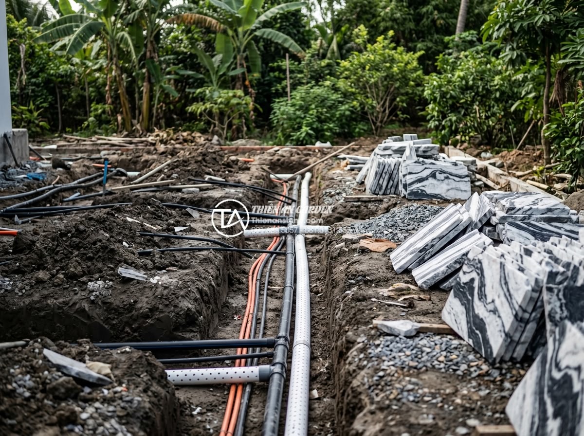 Quy trình thi công tiểu cảnh sân vườn chuyên nghiệp từ A-Z - Underground infrastructure installation including irrigation pipes, electrical c