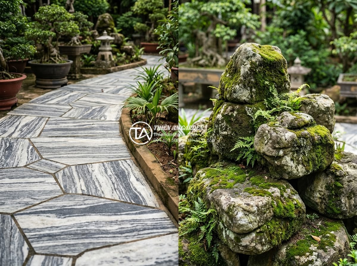 So sánh đá tuyết sơn và đá cổ thạch: Nên chọn loại nào cho sân vườn? - Hình 6 So sánh đá tuyết sơn và đá cổ thạch: Nên chọn loại nào cho sân vườn? - Side by side comparison of well-maintained Tuyet Son stone pathway after 10 year