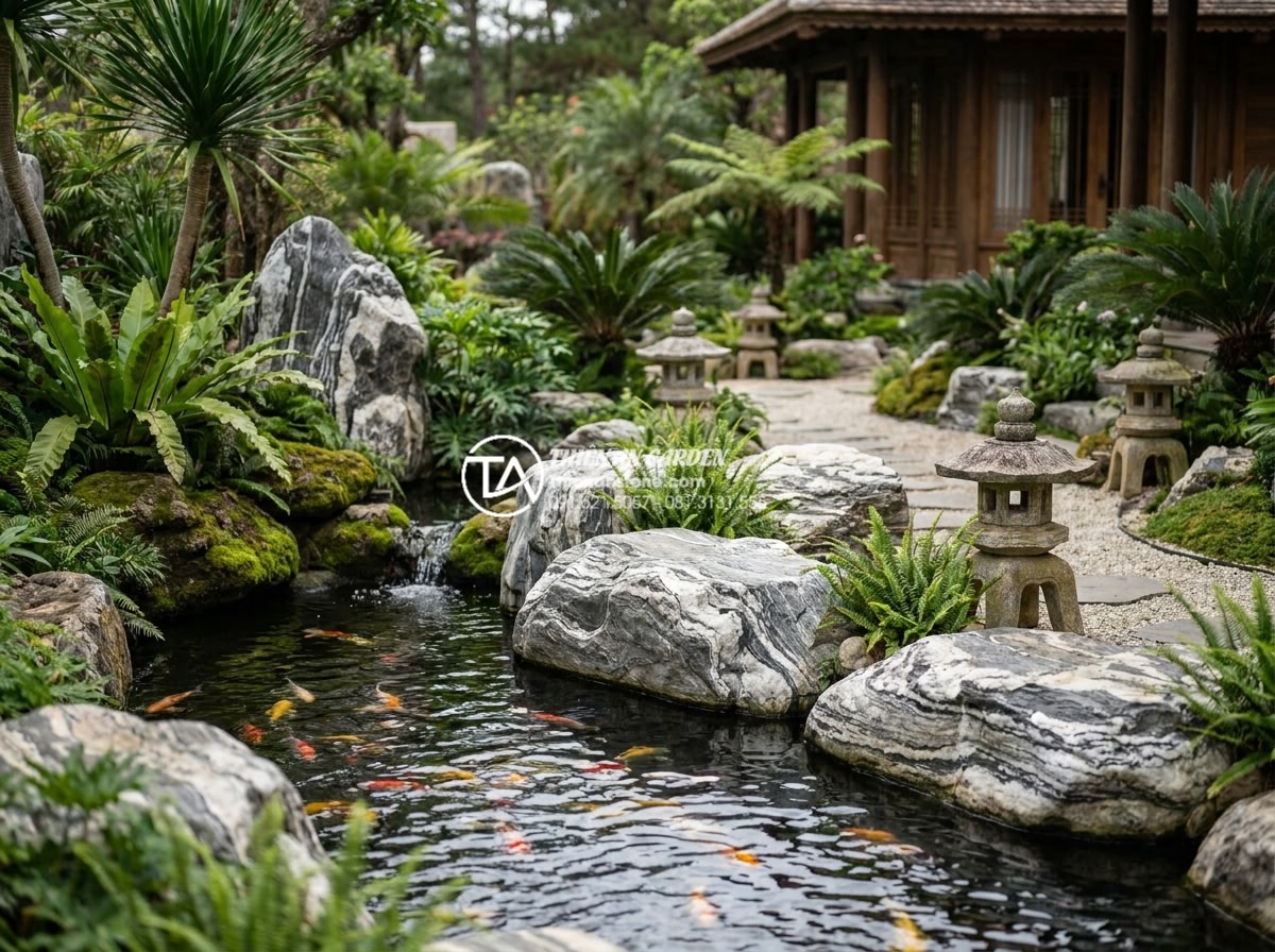 So sánh đá tuyết sơn và đá cổ thạch: Nên chọn loại nào cho sân vườn? - Hình 8 So sánh đá tuyết sơn và đá cổ thạch: Nên chọn loại nào cho sân vườn? - Real project photo from Da Canh Thien An showing completed luxury garden with bo