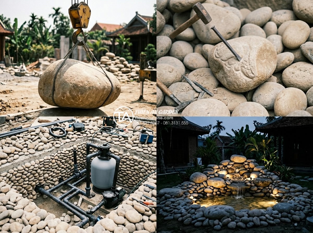 So sánh tiểu cảnh khô và tiểu cảnh nước ở góc sân: Nên chọn loại nào? - Hình 9 So sánh tiểu cảnh khô và tiểu cảnh nước ở góc sân: Nên chọn loại nào? - Professional behind-the-scenes construction photo series collage of Thien An Sto