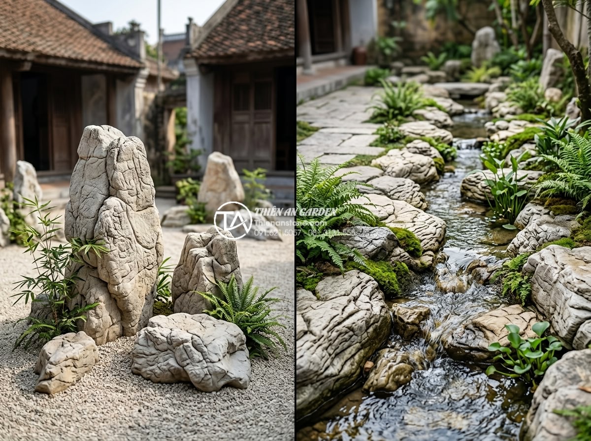 So sánh tiểu cảnh sân vườn khô và tiểu cảnh sân vườn nước - Hình 5 So sánh tiểu cảnh sân vườn khô và tiểu cảnh sân vườn nước - Split view illustration contrasting dry minimalist rock arrangement with flowing