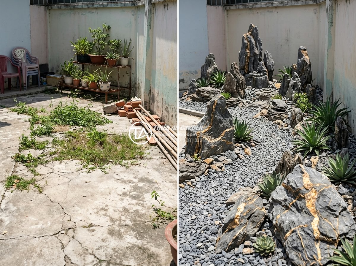 So sánh tiểu cảnh sân vườn khô và tiểu cảnh sân vườn nước - Hình 6 So sánh tiểu cảnh sân vườn khô và tiểu cảnh sân vườn nước - Before and after transformation of a backyard into a low-water dry stone landsca