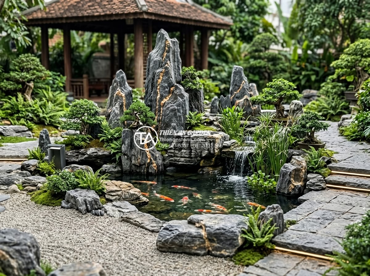 So sánh tiểu cảnh sân vườn khô và tiểu cảnh sân vườn nước - Hình 9 So sánh tiểu cảnh sân vườn khô và tiểu cảnh sân vườn nước - Futuristic 2026 garden trend with sustainable dry-water hybrid landscape featuri