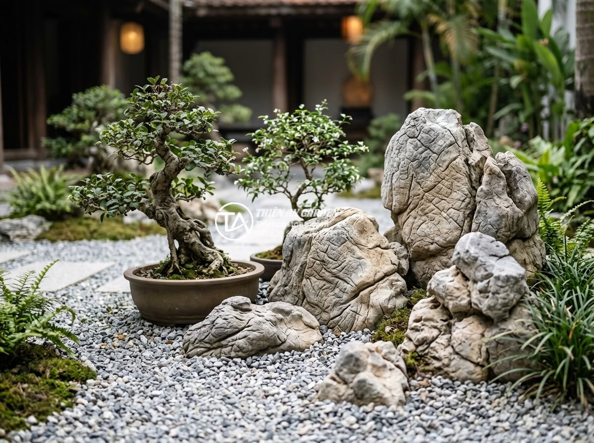 So sánh tiểu cảnh sân vườn khô và tiểu cảnh sân vườn nước - Hình 3 So sánh tiểu cảnh sân vườn khô và tiểu cảnh sân vườn nước - Close-up of categorized dry landscape elements including various natural stone t