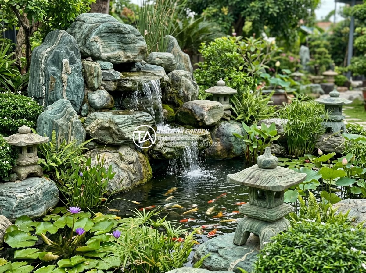 So sánh tiểu cảnh sân vườn khô và tiểu cảnh sân vườn nước - Hình 7 So sánh tiểu cảnh sân vườn khô và tiểu cảnh sân vườn nước - Vibrant water garden scene with natural stone waterfall cascading into a crystal