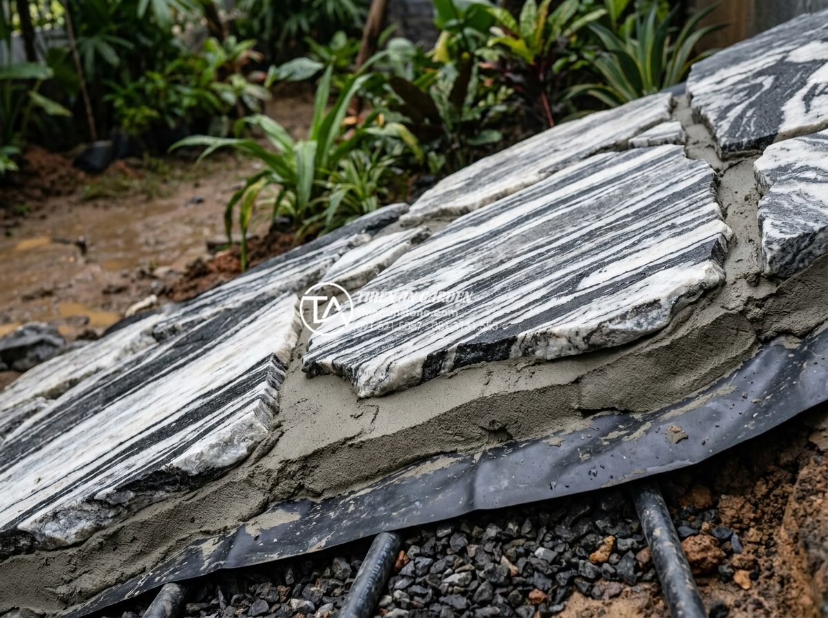 Sự thật về độ bền của đá tuyết sơn khi trang trí ngoài trời - Hình 6 Sự thật về độ bền của đá tuyết sơn khi trang trí ngoài trời - Technical construction detail photo showing professional installation of snow st