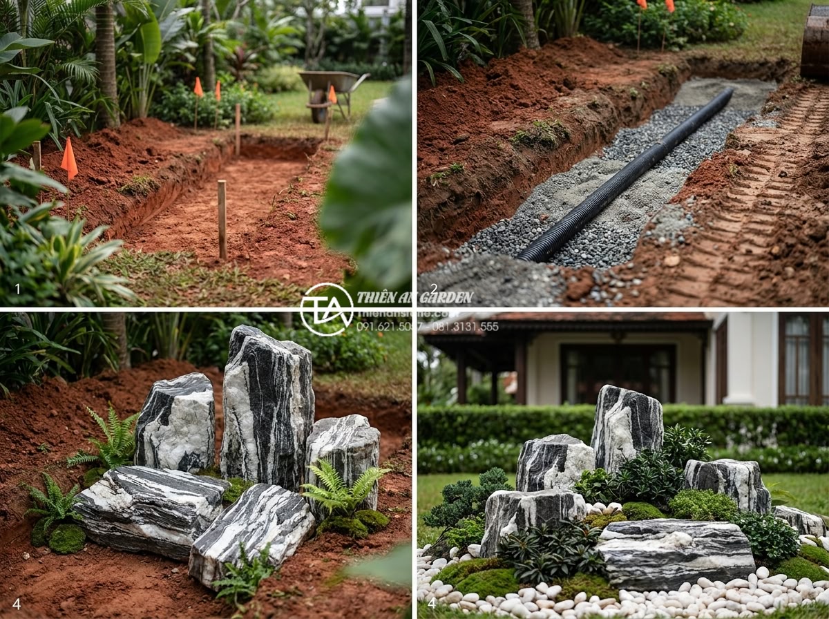 Sự thật về độ bền của đá tuyết sơn khi trang trí ngoài trời - Hình 7 Sự thật về độ bền của đá tuyết sơn khi trang trí ngoài trời - Step-by-step professional construction process of snow stone (da tuyet son) gard