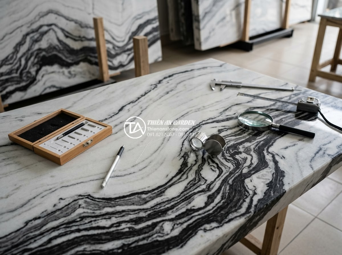 Tại sao giá đá tuyết sơn lại có sự chênh lệch lớn giữa các đơn vị? - Expert inspector using tools to examine Tuyet Son stone quality including hardne