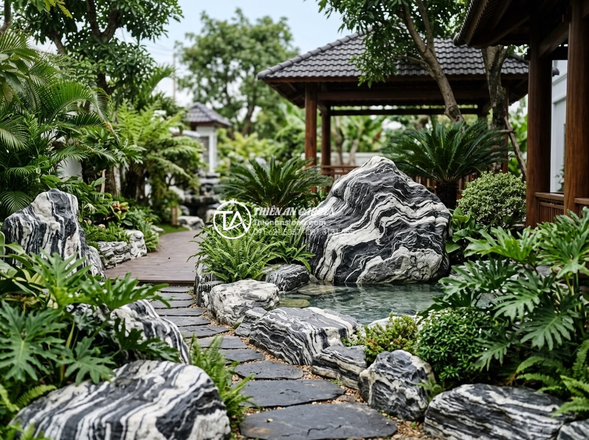 Tại sao giá đá tuyết sơn lại có sự chênh lệch lớn giữa các đơn vị? - Branded image of Da Canh Thien An company logo with completed luxury garden proj