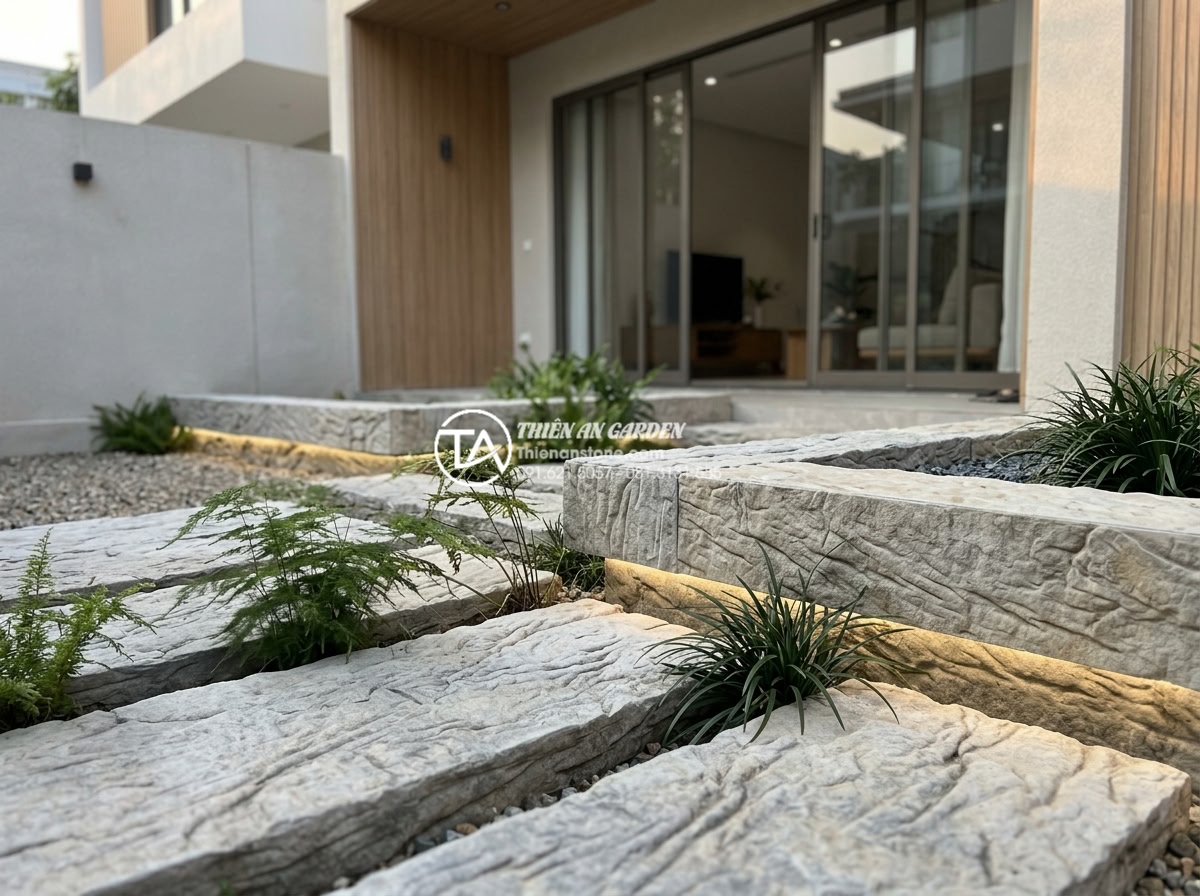 Thiết kế tiểu cảnh góc sân vườn mini cho nhà phố diện tích nhỏ - Hình 9 Thiết kế tiểu cảnh góc sân vườn mini cho nhà phố diện tích nhỏ - Modern minimalist mini garden corner design with sleek natural stones, geometric