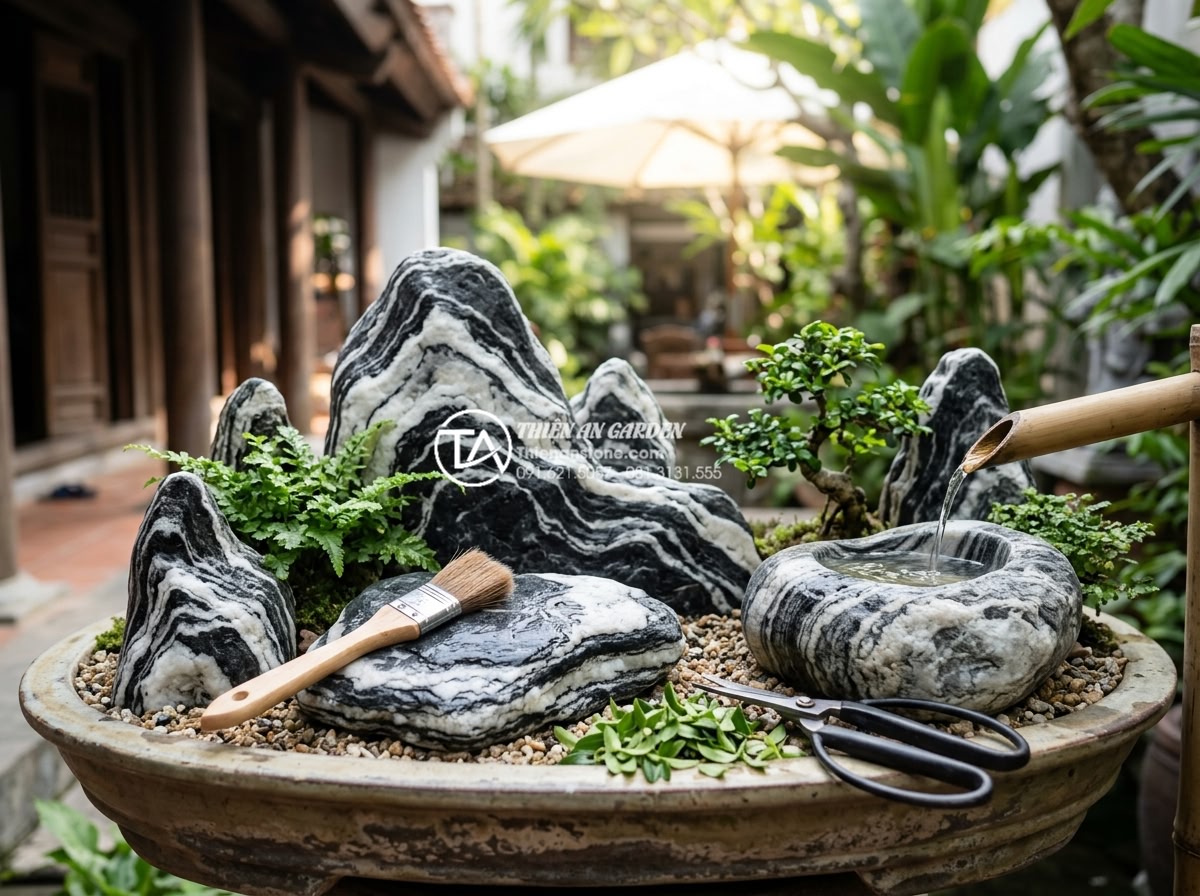 Thiết kế tiểu cảnh sân vườn mini: Giải pháp xanh cho không gian nhỏ - Serene maintenance scene of a well-kept mini stone garden, gardener gently clean