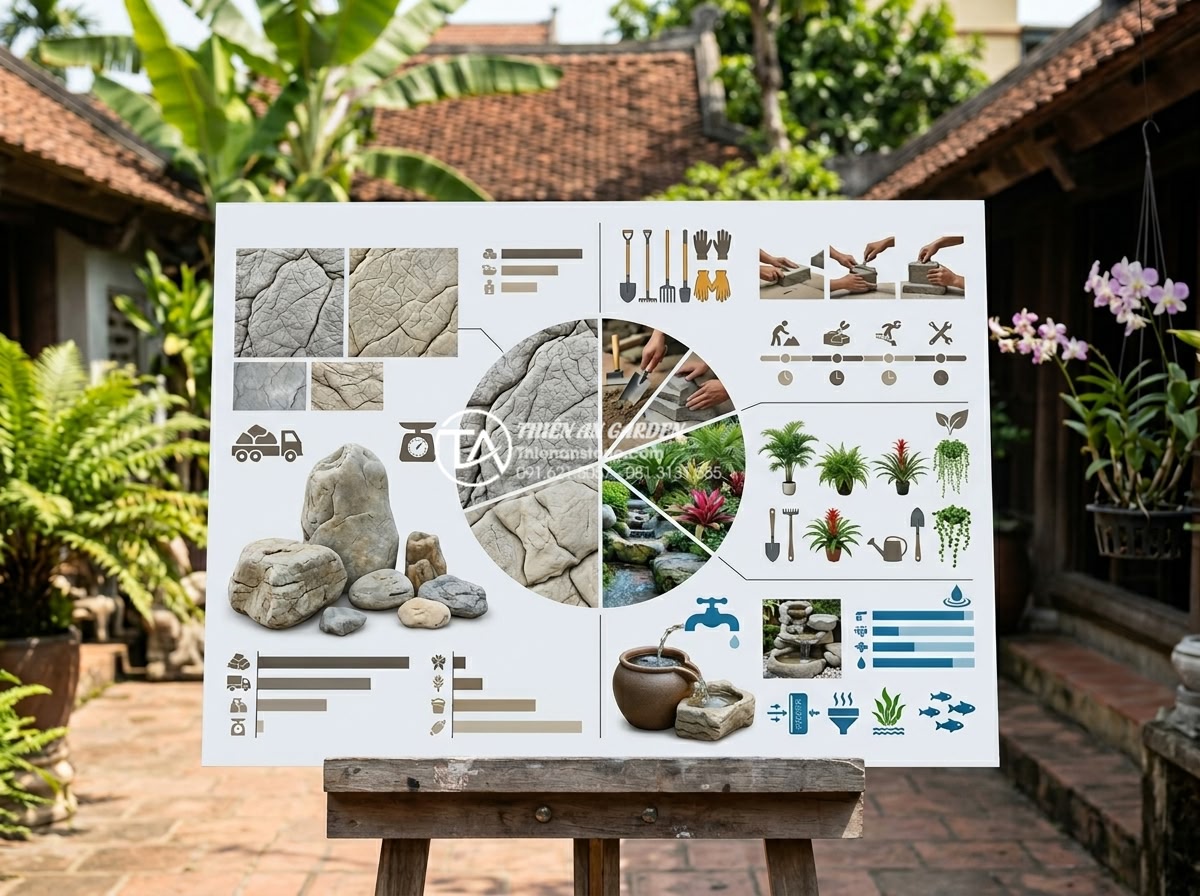 Thiết kế tiểu cảnh sân vườn mini: Giải pháp xanh cho không gian nhỏ - Professional infographic style image showing cost breakdown for a mini stone gar