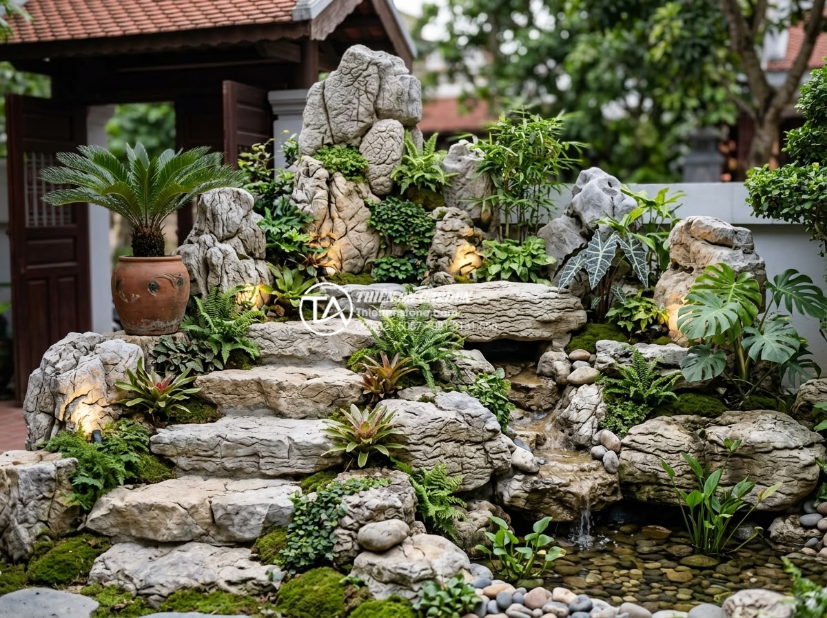 Tiểu cảnh góc sân vườn là gì? Lợi ích tuyệt vời cho không gian sống - Hình 12 Tiểu cảnh góc sân vườn là gì? Lợi ích tuyệt vời cho không gian sống - Harmonious and aesthetically pleasing garden corner design featuring layered nat