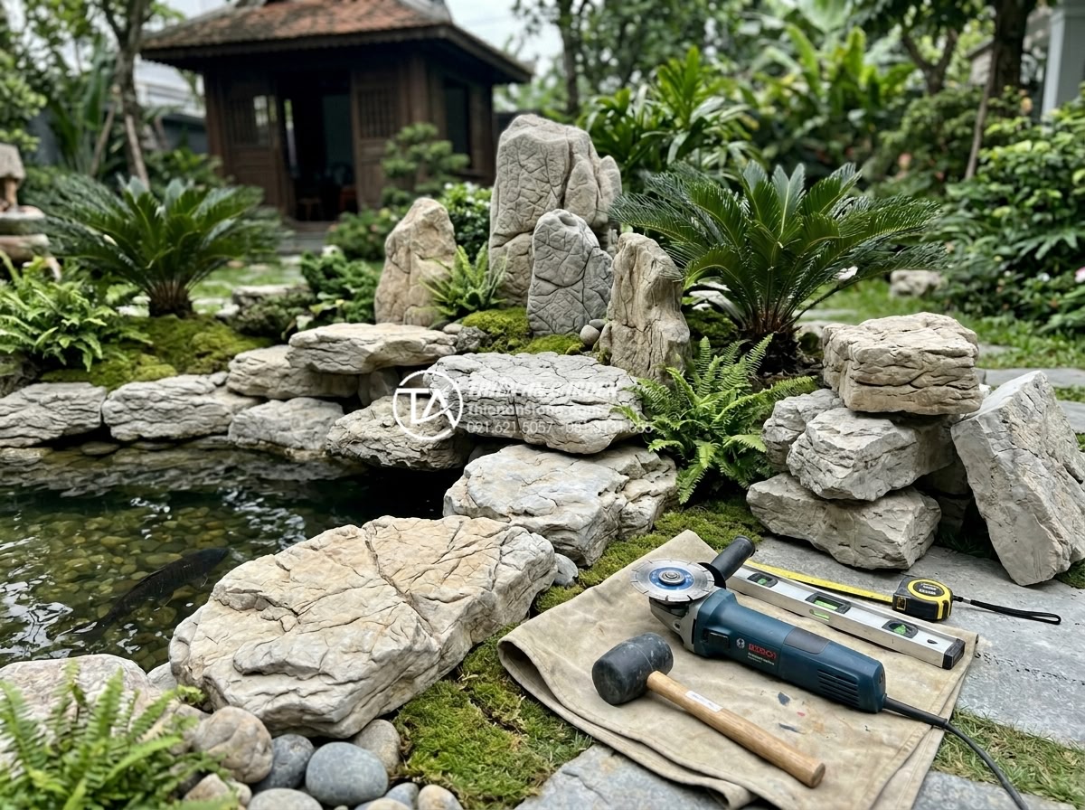 Tiểu cảnh góc sân vườn là gì? Lợi ích tuyệt vời cho không gian sống - Hình 19 Tiểu cảnh góc sân vườn là gì? Lợi ích tuyệt vời cho không gian sống - Professional team from Da Canh Thien An company working on natural stone garden