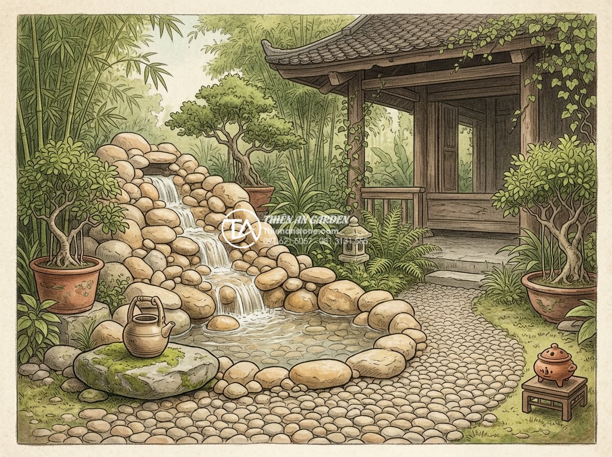 Tiểu cảnh góc sân vườn là gì? Lợi ích tuyệt vời cho không gian sống - Hình 4 Tiểu cảnh góc sân vườn là gì? Lợi ích tuyệt vời cho không gian sống - Vintage illustration of traditional Vietnamese garden corner with hand-carved na