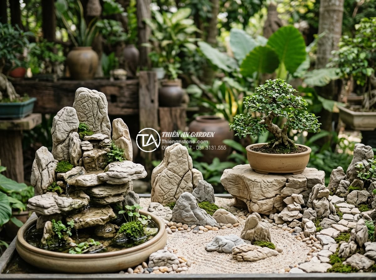 Tiểu cảnh góc sân vườn là gì? Lợi ích tuyệt vời cho không gian sống - Hình 5 Tiểu cảnh góc sân vườn là gì? Lợi ích tuyệt vời cho không gian sống - Various types of natural stone garden corner miniatures including rockery, water