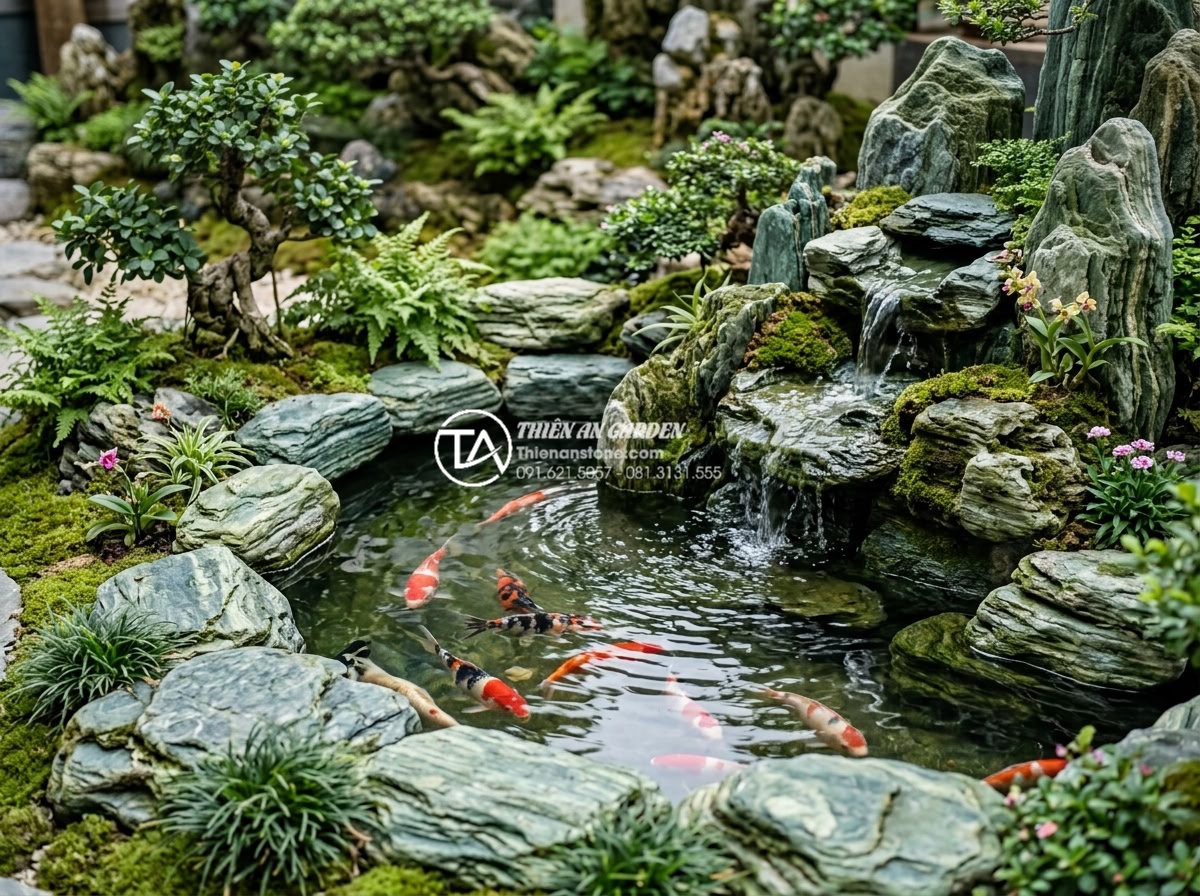 Tiểu cảnh sân vườn đẹp: Xu hướng thiết kế và thi công đẳng cấp 2026 - Serene koi pond integrated in miniature garden with natural stone borders, casca