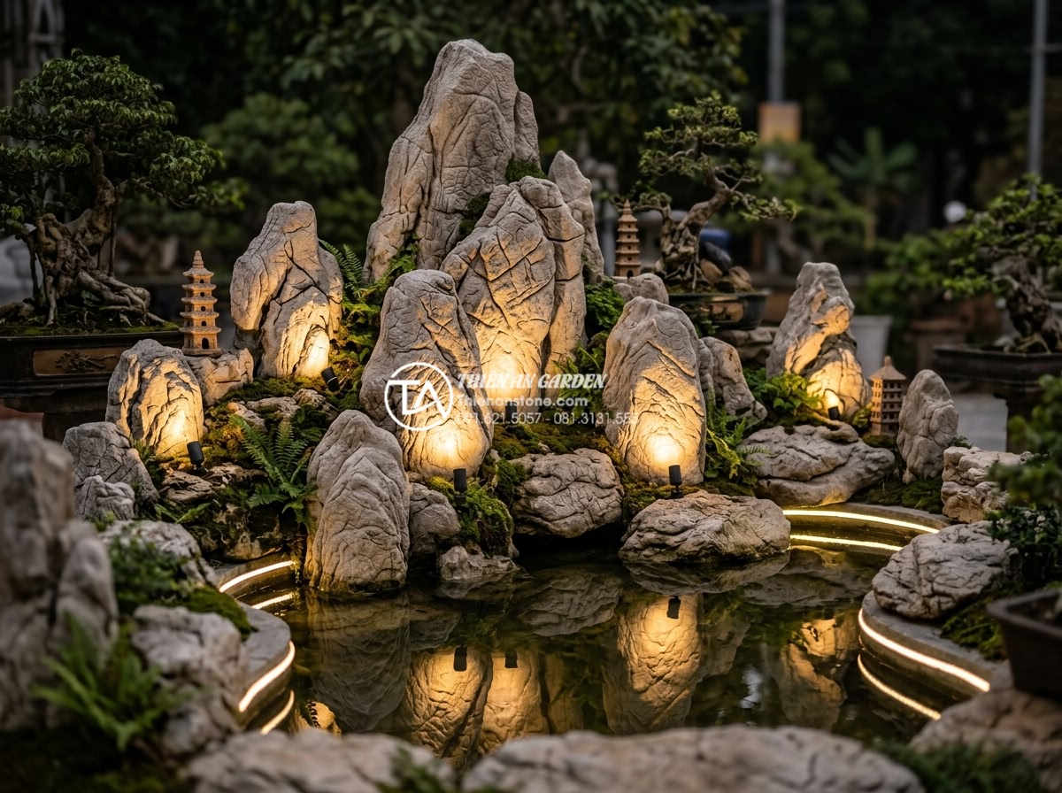 Tiểu cảnh sân vườn đẹp: Xu hướng thiết kế và thi công đẳng cấp 2026 - Artistic LED lighting in stone garden scene creating magical atmosphere with upl