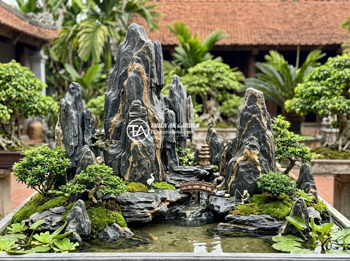 Tiểu cảnh sân vườn đẹp: Xu hướng thiết kế và thi công đẳng cấp 2026 - Completed high-end stone garden miniature after professional installation with f