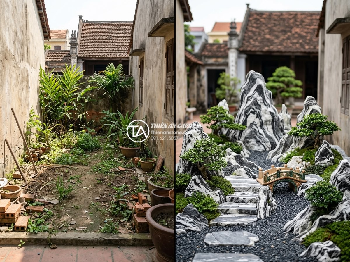 Tiểu cảnh sân vườn đẹp: Xu hướng thiết kế và thi công đẳng cấp 2026 - Before and after comparison of garden space transformed into beautiful stone min