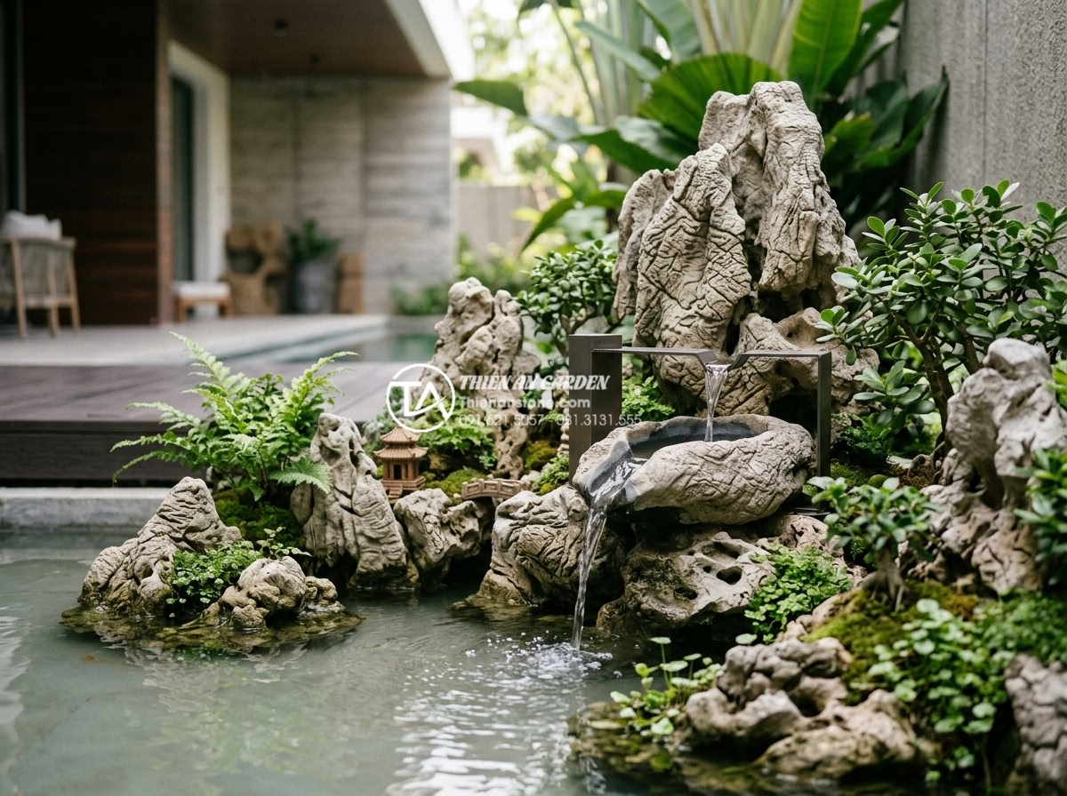 Tiểu cảnh sân vườn đẹp: Xu hướng thiết kế và thi công đẳng cấp 2026 - Luxurious villa backyard miniature garden with elegant natural stone features, m