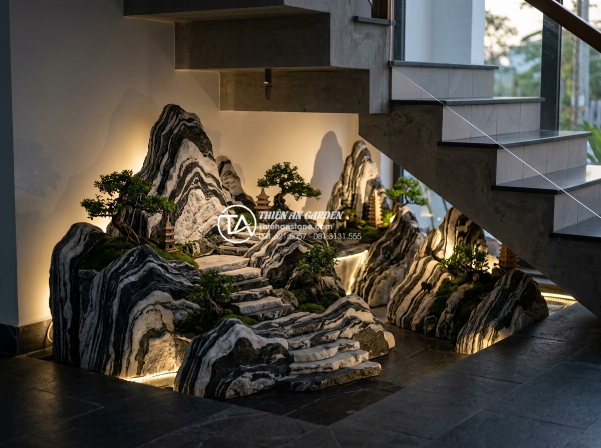Tiểu cảnh sân vườn gầm cầu thang: Hô biến góc chết thành kiệt tác - Creative under-stair display featuring miniature rock formations and integrated 